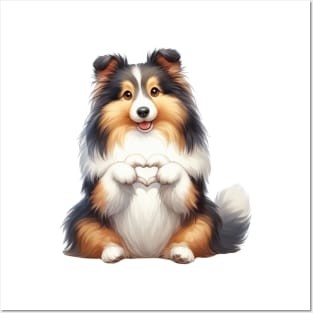 Valentine Shetland Sheepdog Giving Heart Hand Sign Posters and Art